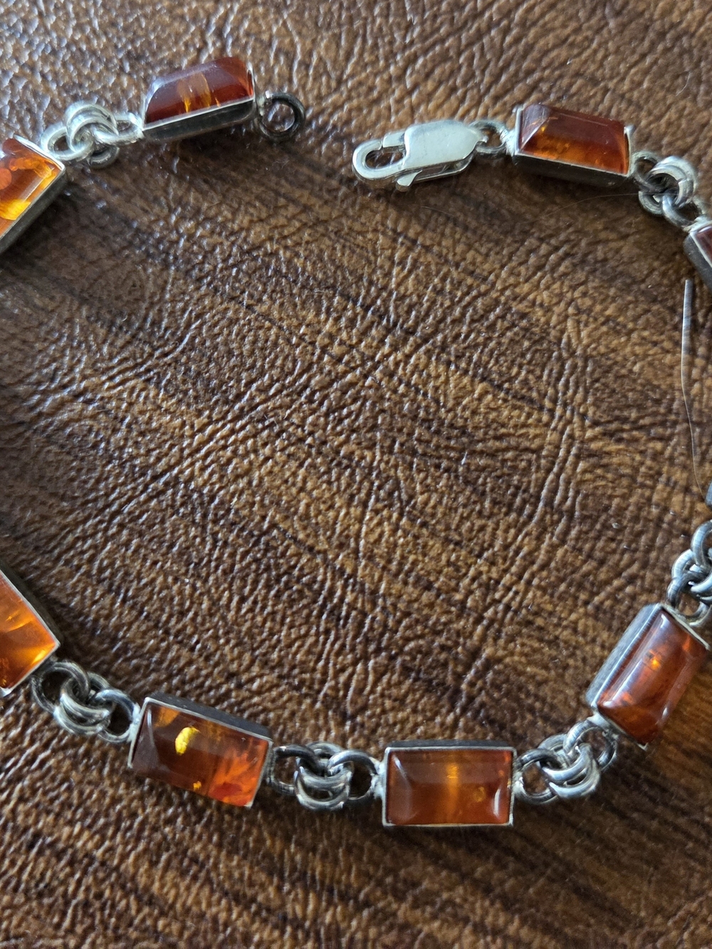 Vintage Sterling Silver 925 Amber Rectanglar Faceted Stones Link Bracelet 7.5"